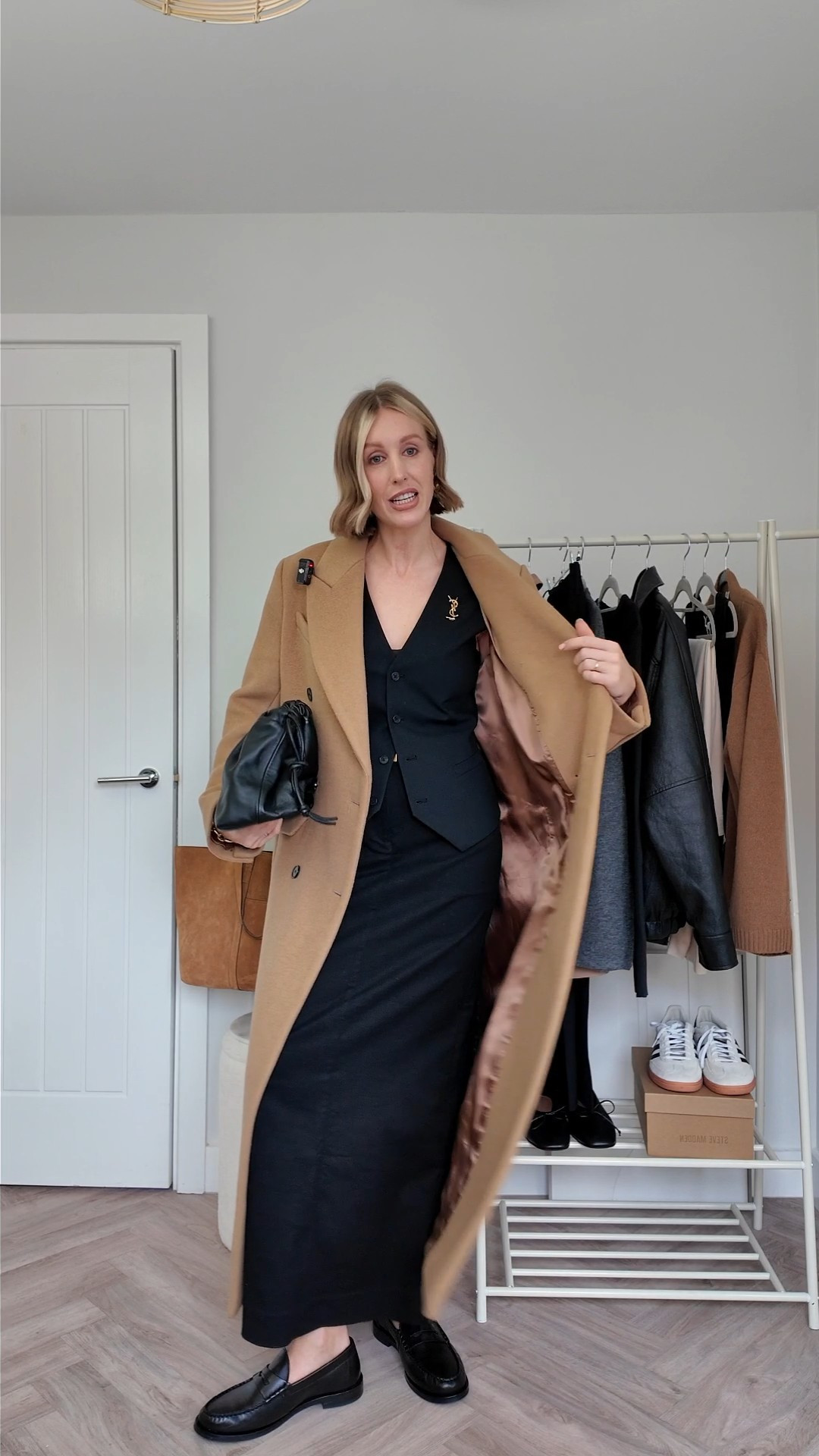 Classic chic dinner outfit - black waistcoat - black maxi skirt - leather loafers - camel coat - gold jewellery 

#LTKeurope #LTKshoecrush #LTKVideo