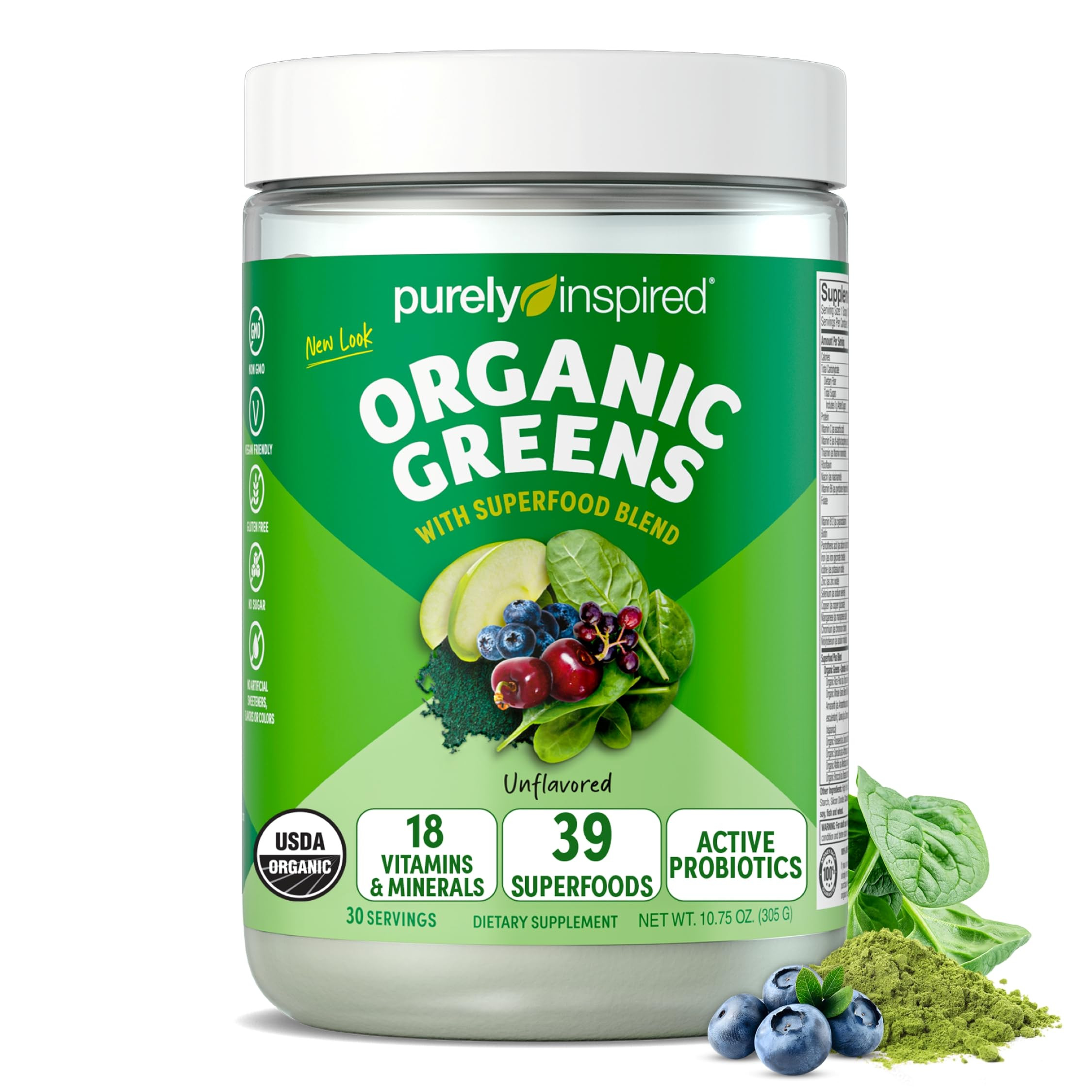 Purely Inspired Organic Greens Powder Superfood Smoothie Mix, Unflavored (30 Servings) - Super Gr... | Amazon (US)