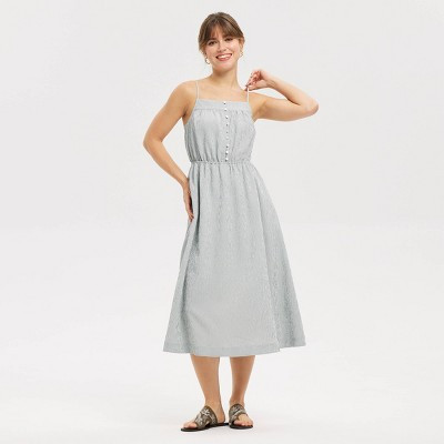 Women's Button-Front Smocked Midi A-Line Dress - Universal Thread™ Gray Striped XS | Target