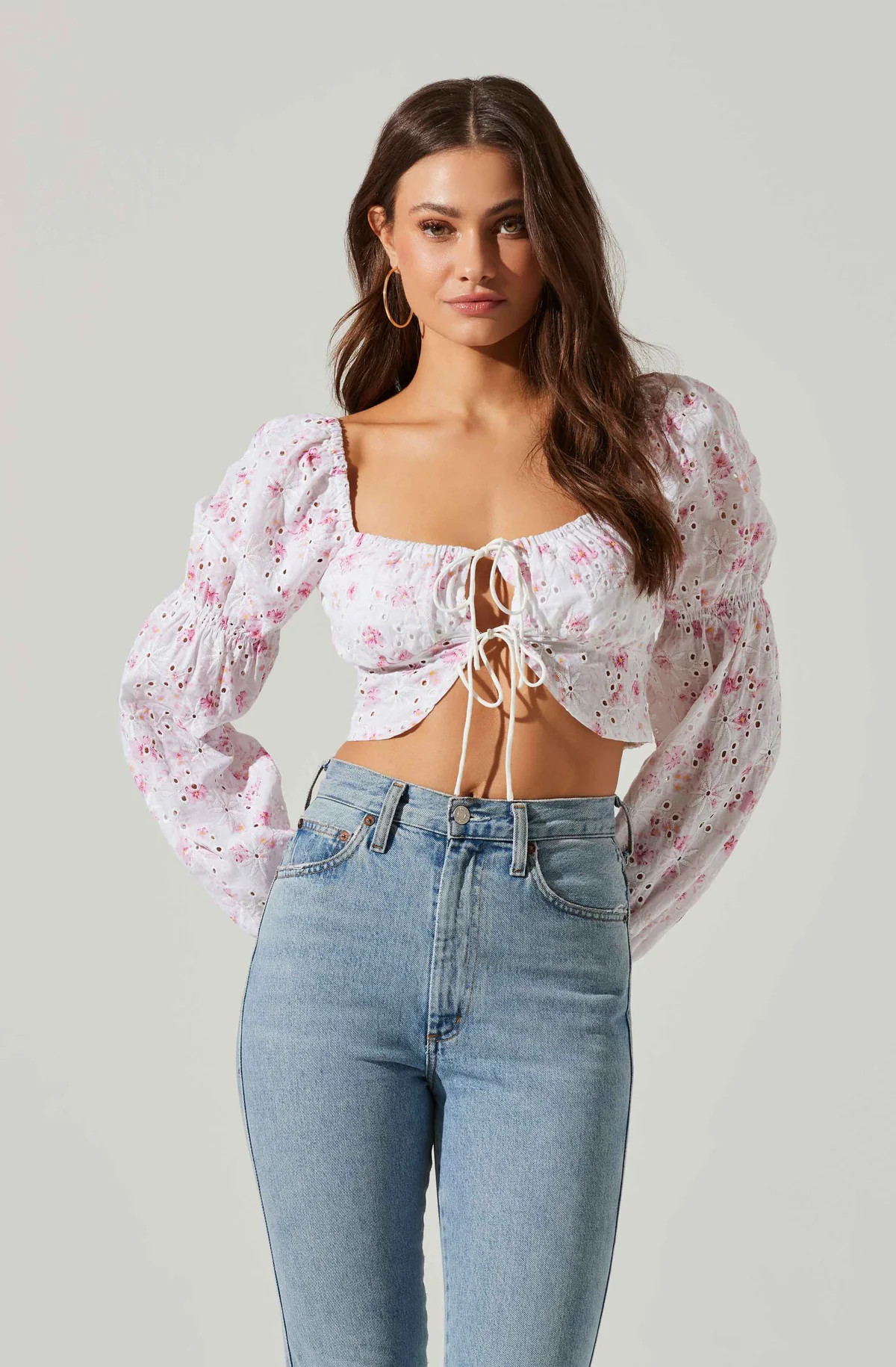 Valo Floral Eyelet Long Sleeve Crop Top | ASTR The Label (US)
