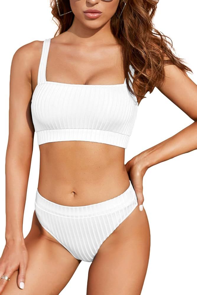 Women Sports Swimsuit Two Piece Ribbed Crop Top High Waisted Bikini Retro High Cut Bathing Suits | Amazon (US)