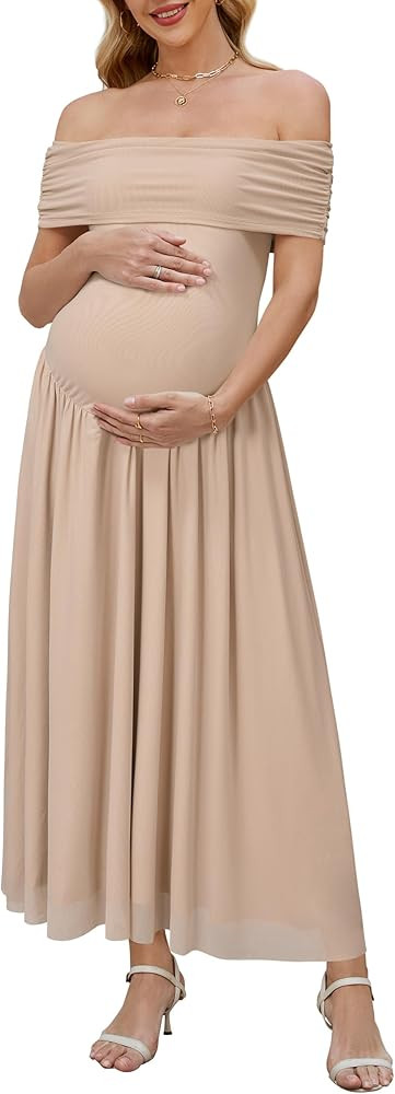 OUGES Women's 2025 Off The Shoulder Mesh Maxi Maternity Dress for Photoshoot Baby Shower Sleevele... | Amazon (US)