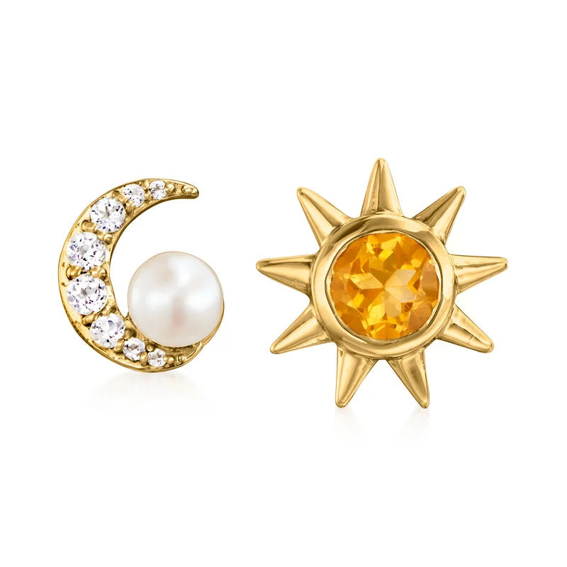 4mm Cultured Pearl and .60 ct. t.w. Multi-Gemstone Sun and Moon Mismatched Earrings in 18kt Gold ... | Ross-Simons
