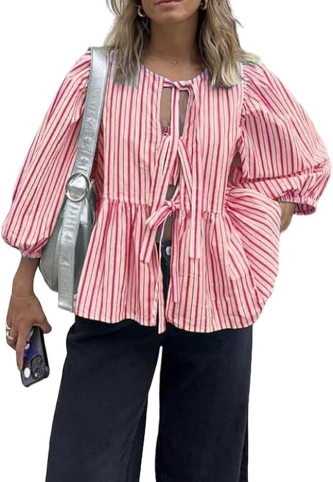 Puff Sleeve Peplum Blouse for Women Y2K Tie Front Ruffle Hem Tops Teen Girls Cute Lace Up Peplum ... | Amazon (US)