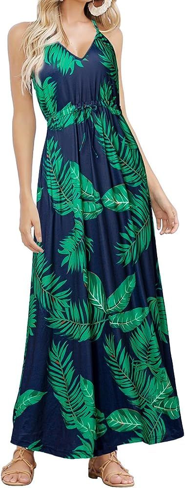 HUSKARY Womens Sleeveless V Neck Spaghetti Strap Pockets Beach Boho Tropical Summer Maxi Dress | Amazon (US)