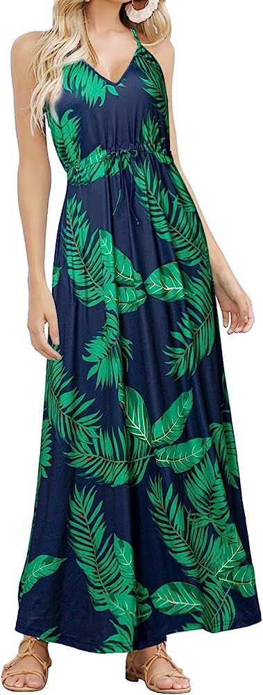 HUSKARY Womens Sleeveless V Neck Spaghetti Strap Pockets Beach Boho Tropical Summer Maxi Dress | Amazon (US)