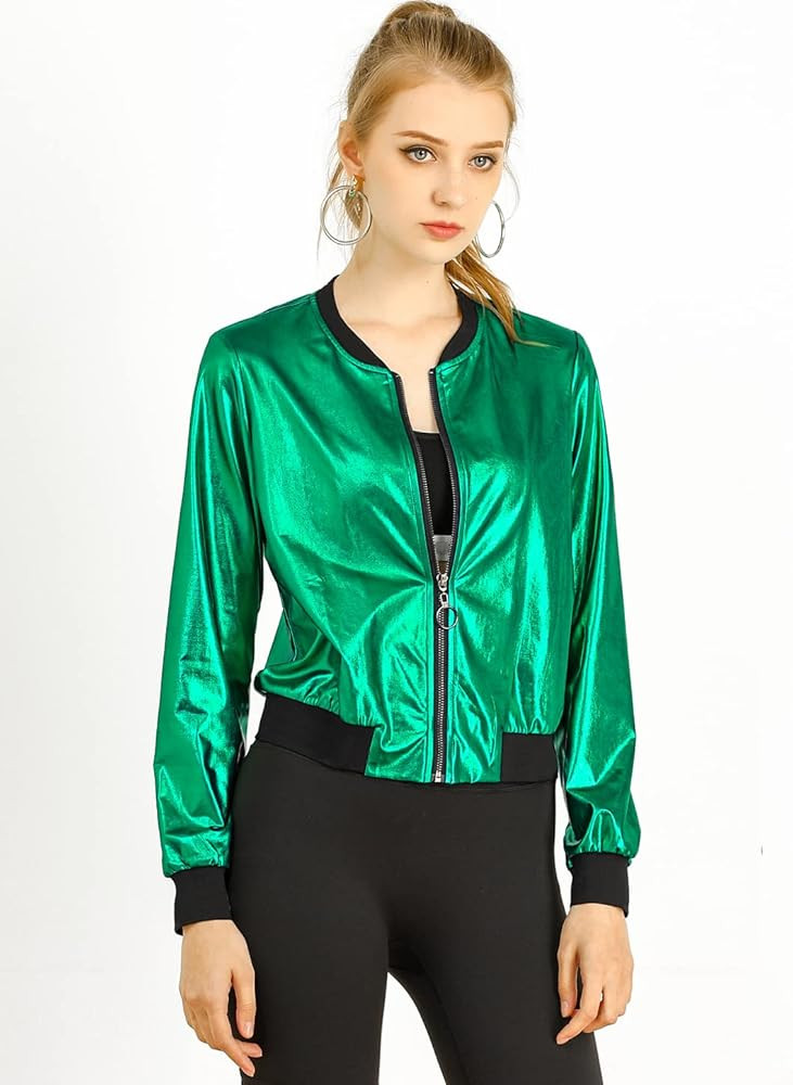 Allegra K Women's Sparkly Holographic Lightweight 90S Shiny Metallic Bomber Jacket | Amazon (US)