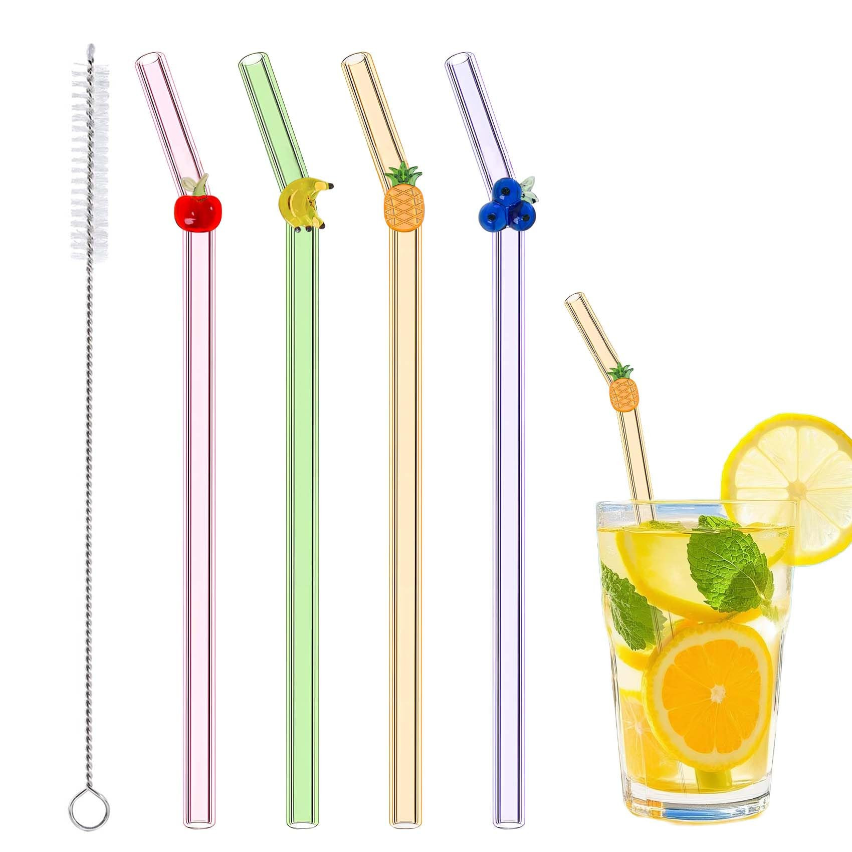 4 Pcs Glass Straws with 1 Cleaning Brushes, Cute Colorful Fruit Drinking Straws Shatter Resistant... | Amazon (US)