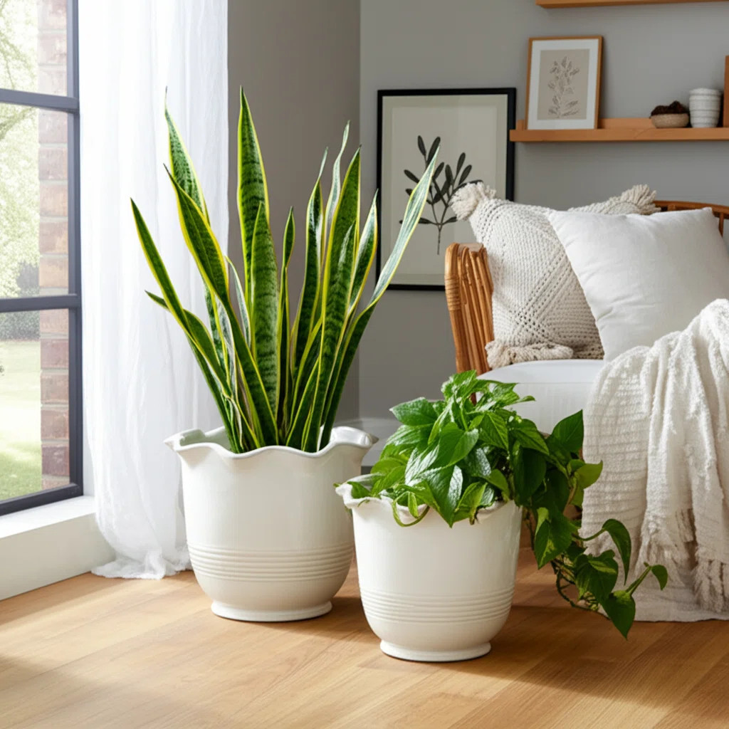 Planter Ceramic Scalloped Rim Ribbed Design Set Of 2 (Set of 2) | Wayfair North America