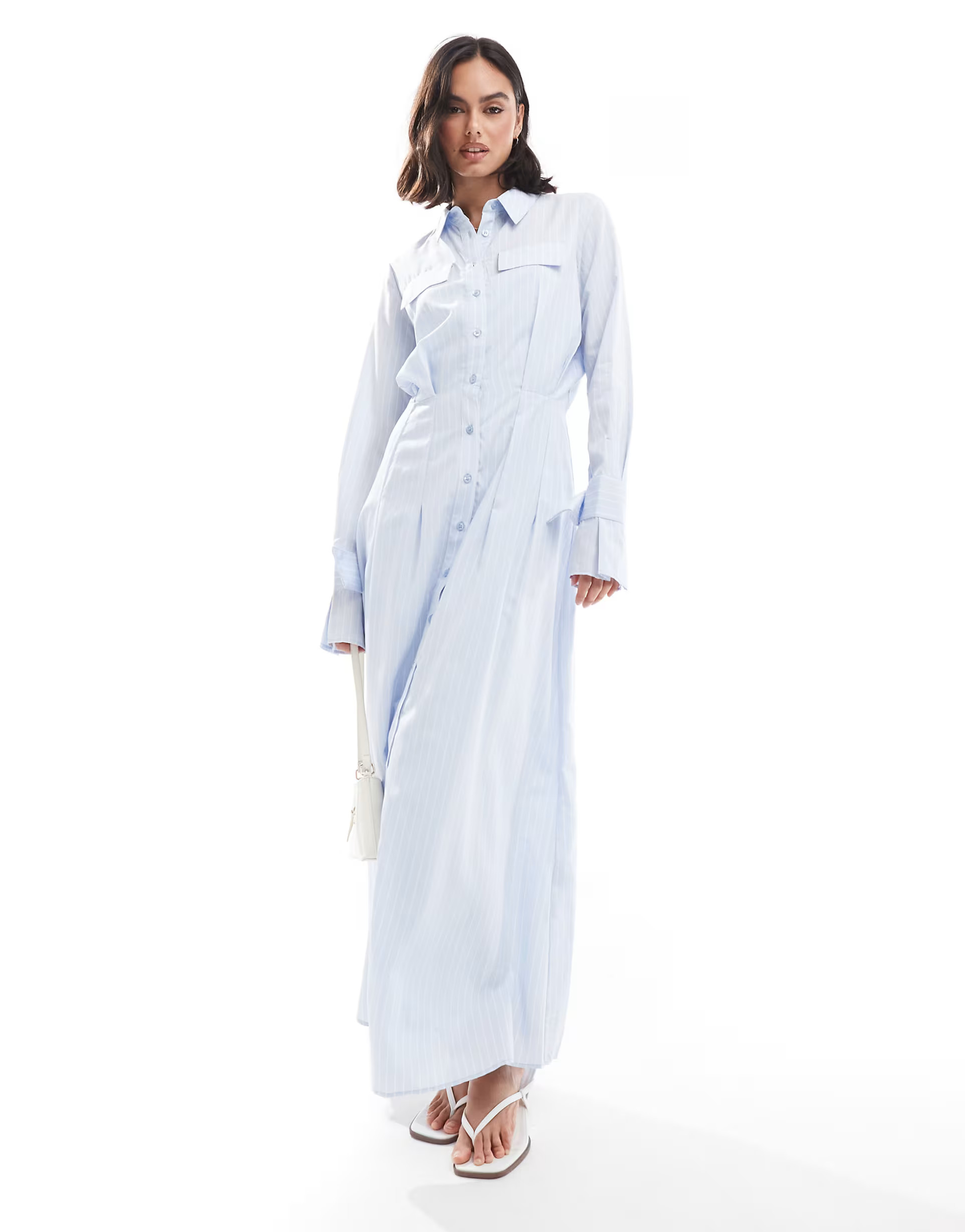 ASOS DESIGN tie-up cuff detail maxi shirt dress in blue and white stripe | ASOS (Global)