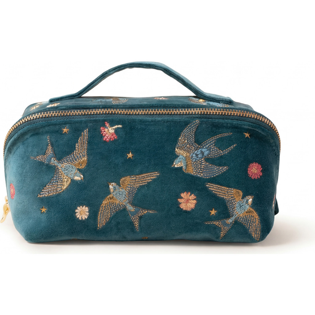 Elizabeth Scarlett Swallows Open Flat Velvet Makeup Bag in Rich Blue at Nordstrom | Nordstrom