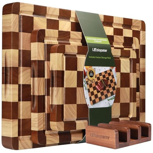 Checkerboard Cutting Board, Acacia Wood Cutting Board, Solid Wooden Chopping Board Set of 3 for Kitchen with Holder with Deep Juice Grooves & Built-in Handles, for Meat, Vegetables and Fruits | Amazon (US)