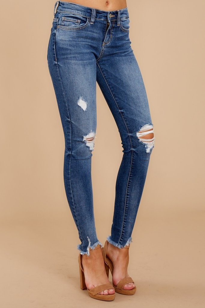 Not My First Time Medium Wash Distressed Skinny Jeans | Red Dress 