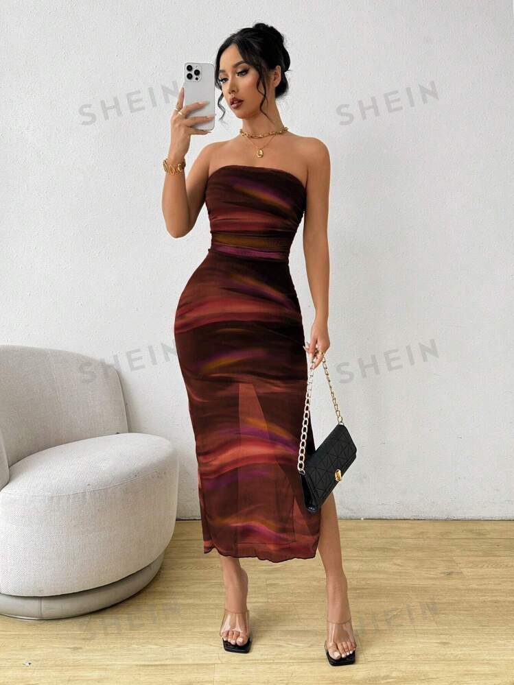 TrendsSHEIN Privé Women Tie Dye Print Strapless Slit Midi Dress | SHEIN