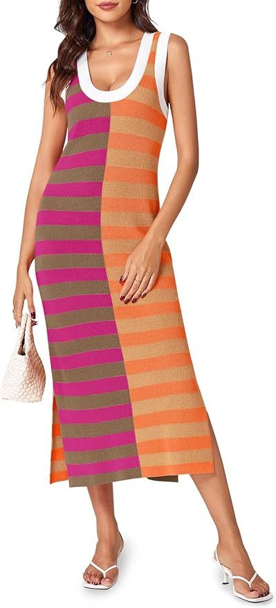 Wenrine Womens Summer Striped Dress Sleeveless Knitted Contrast Color Side Slit Casual Maxi Beach... | Amazon (US)