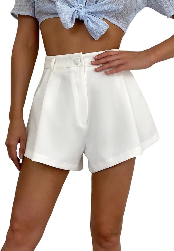 Floerns Women's Solid High Waisted Wide Leg Casual Pleated Shorts with Pocket | Amazon (US)