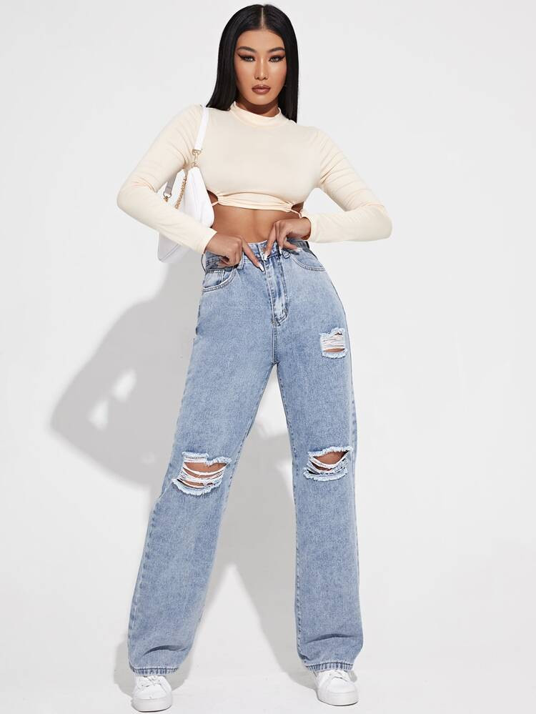 High Waist Ripped Frayed Straight Leg Jeans | SHEIN
