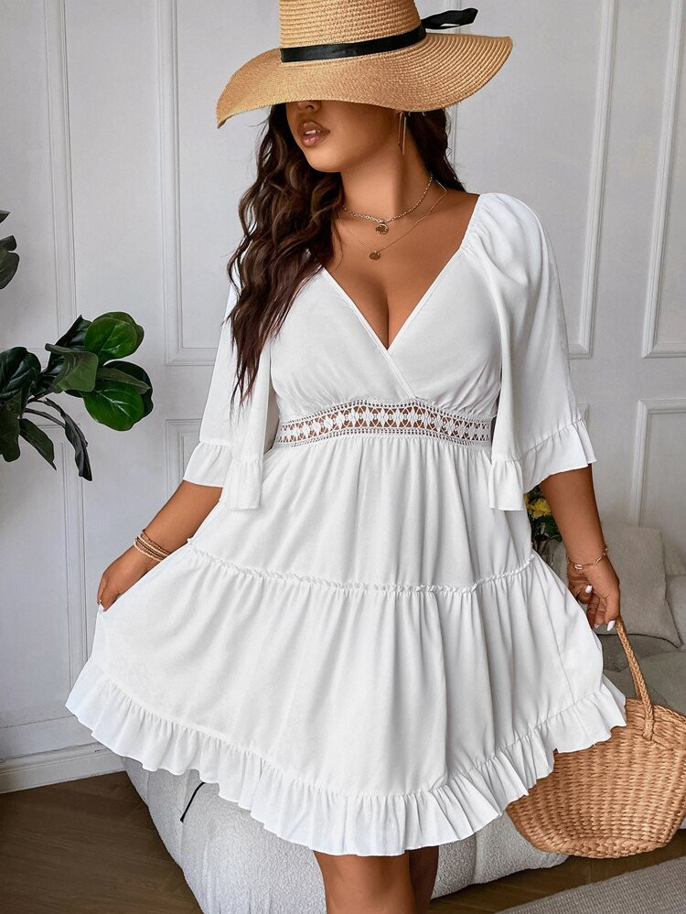 Plus Guipure Lace Insert Flounce Sleeve Ruffle Hem Dress | SHEIN