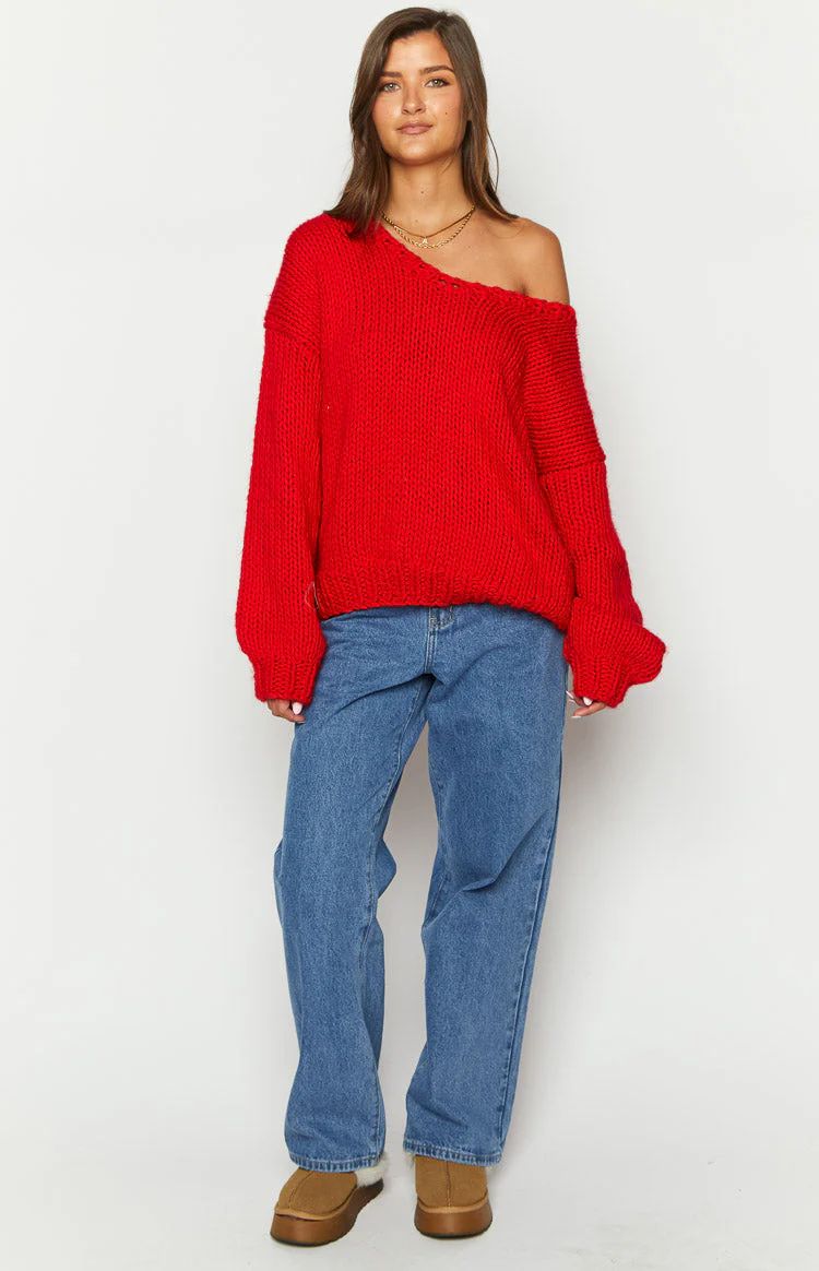 Delvey Red Chunky Knit Sweater | Beginning Boutique (US)