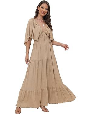 Women's Summer V-Neck, Tiered Silhouette with Flutter Sleeves Maxi Dress for Casual | Amazon (US)