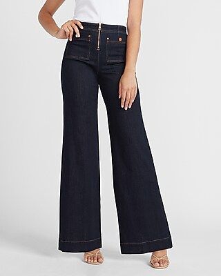 High Waisted Zip Front Patch Pocket Wide Leg Jeans | Express