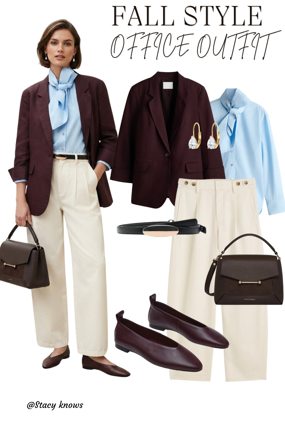 Elevate your autumn wardrobe with this sophisticated, elegant look. Featuring a rich burgundy blazer, tailored cream wide-leg trousers, a classic light blue tie-neck blouse, a chic minimal belt, structured brown leather handbag, pointed-toe flats, delicate teardrop earrings, and @stacyknows signature style. Perfect for transitional weather, upscale workwear, and chic daytime outings!   #LTKstyletip #FallFashion #OutfitInspiration #AutumnStyle #ChicWorkwear #TailoredLook #LTKfall #FallOutfitIdea 

 #LTKgrwm #LTKootd #LTKSeasonal