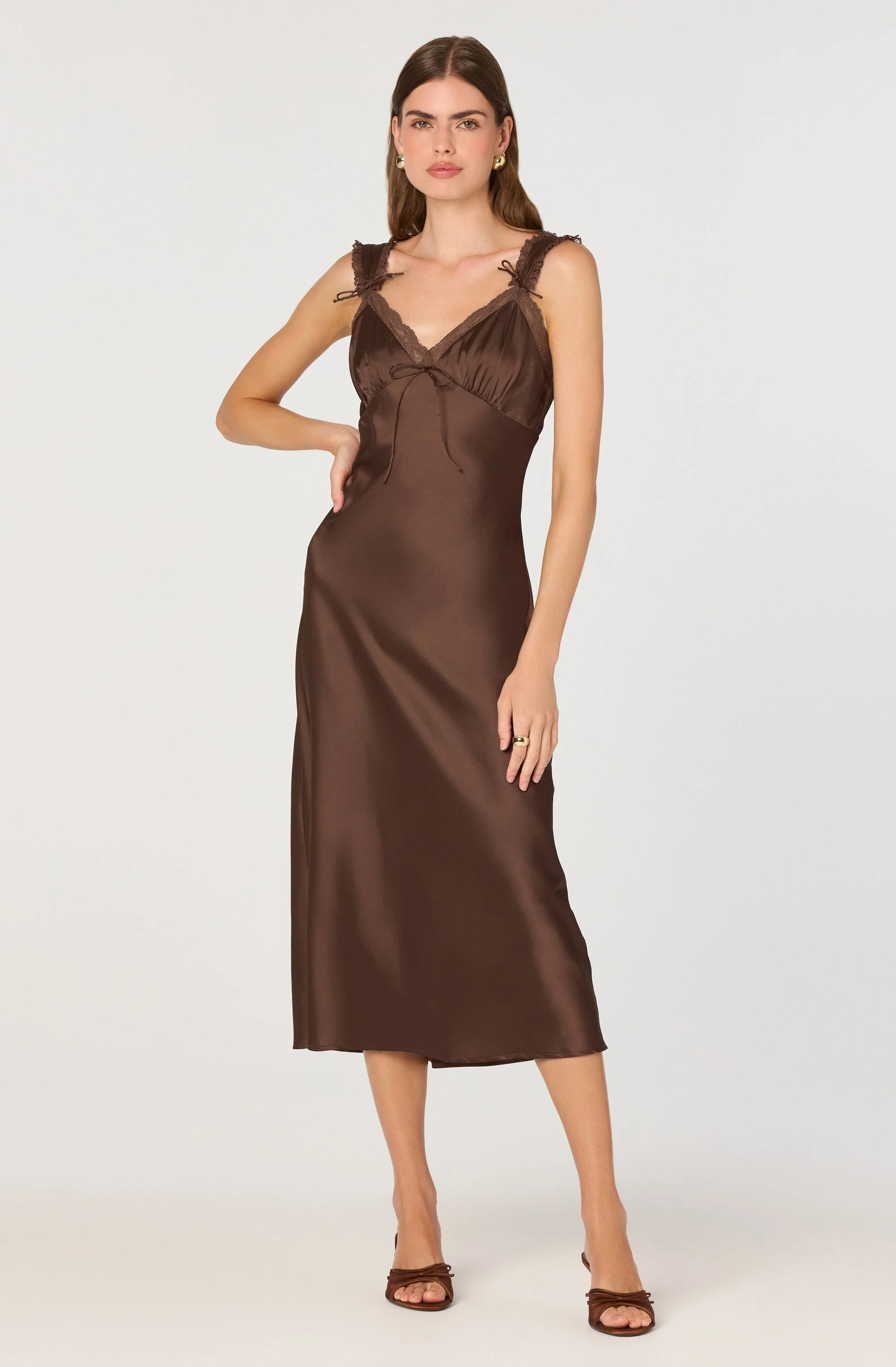 Lace Trim Satin Slip Dress - Chocolate brown / XS | ASTR The Label (US)