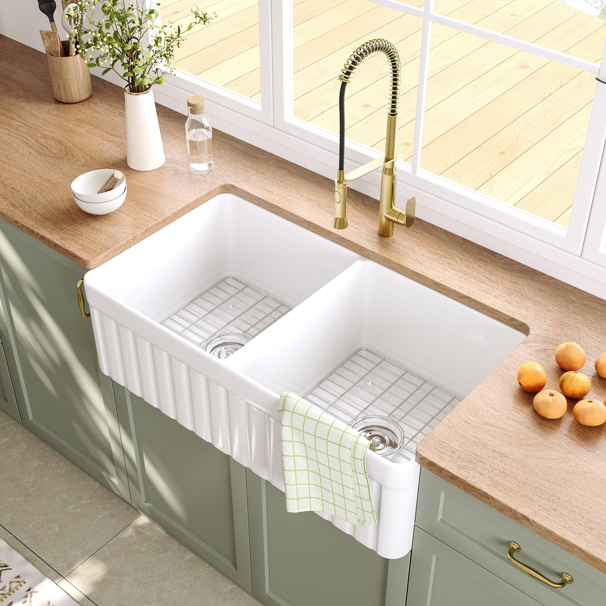 DeerValley Double Bowl Farmhouse Kitchen Sink 33 Inch, Fireclay Farm Sinks, Reversible Apron Fron... | Amazon (US)
