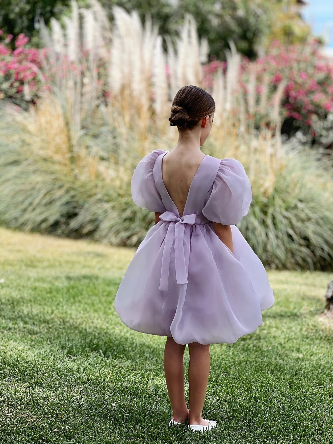 Lilac Flower Girl Dress With Bow, Puffy Sleeve Flower Girl Dress, Tulle Flower Girl Dress, Lavend... | Etsy (US)