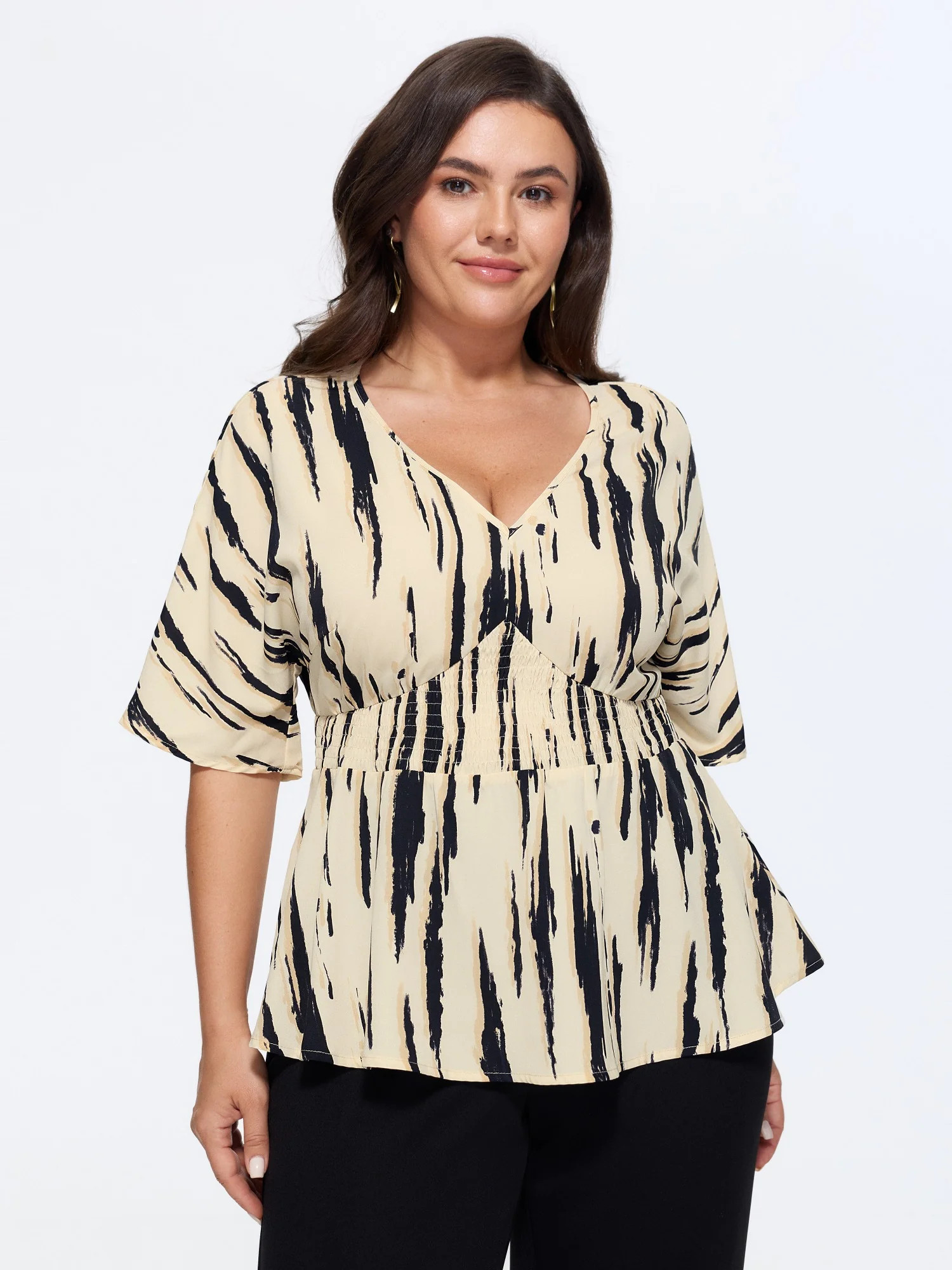 Abstract Print V Neck Shirred Waist Peplum Blouse | Bloomchic