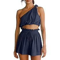 Imily Bela Womens 2 Piece Outfits Linen Matching Sets Two Piece Crop Tops and Paper Bag Waist Sho... | Amazon (US)