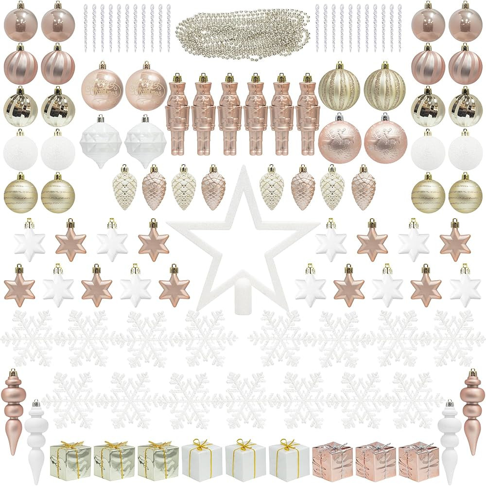 ITART 115pcs Christmas Tree Ornaments Assortment Rose Gold Champagne and White Including Star Tre... | Amazon (US)