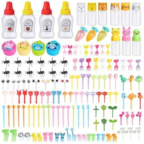 HOWHYUE 150 Pcs Condiment Squeeze Bottles Bento Lunch Box Accessories and Animal Fruit Food Toothpicks Mini Ketchup Bottles Soy Sauce Container Reusable Condiments Containers | Amazon (US)