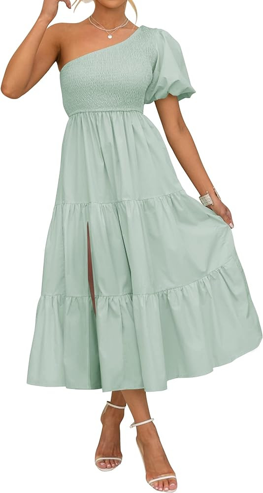 ZESICA Women's 2023 Boho Summer One Shoulder Short Sleeve Smocked Side Split Ruffle Swing Midi Dr... | Amazon (US)