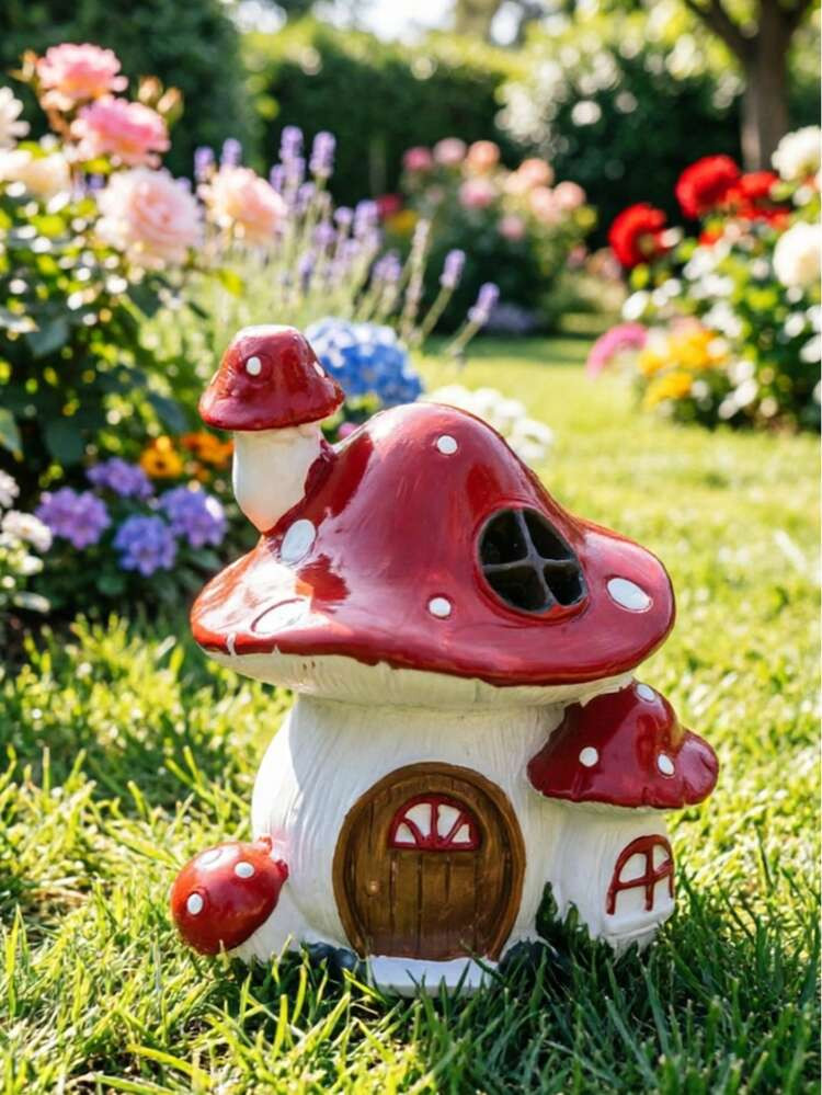 Red Mushroom House Fairy Garden Decor, Resin Gnome Cottage Statue, Outdoor Lawn Ornament For Patio Yard Backyard, Waterproof Garden Gnome Figurine, Micro Landscape Decor For Home Balcony, Garden Decoration Gift For Garden Lovers | SHEIN