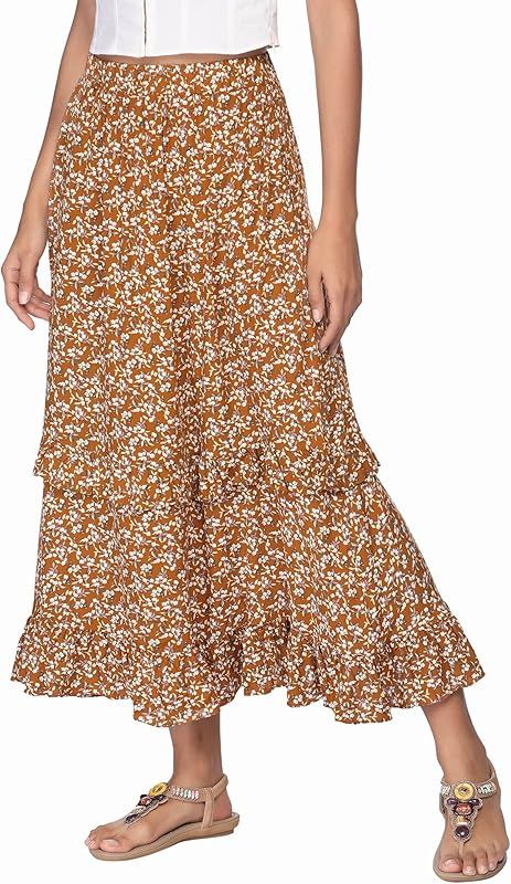 Zeagoo Floral Skirt Midi Long Skirt Elastic High Waist Pleated Ruffle Skirt with Pocket | Amazon (US)