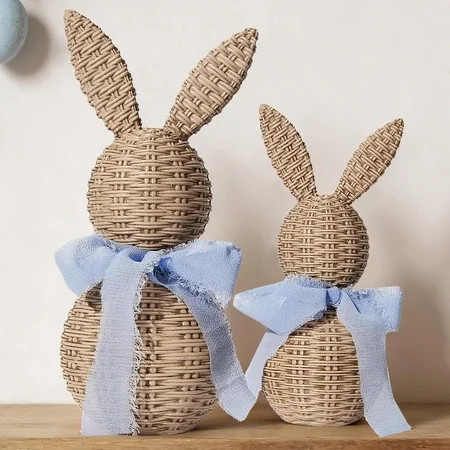 laqbezok 2Pcs Rattan Effect Bunnies with Light Blue Bow, Large & Small Easter Bunny Figurines Set, Farmhouse Spring Table Decor for Home & Gift | Walmart (US)