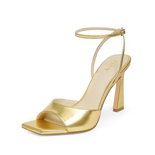 QIY Heeled Sandals Gold Heels for Women Ankle Strap Strappy Heel Stiletto High Heels Square Open Toe Heels 3 Inch Summer Dress Shoes Gold Sandals Size 11 | Amazon (US)