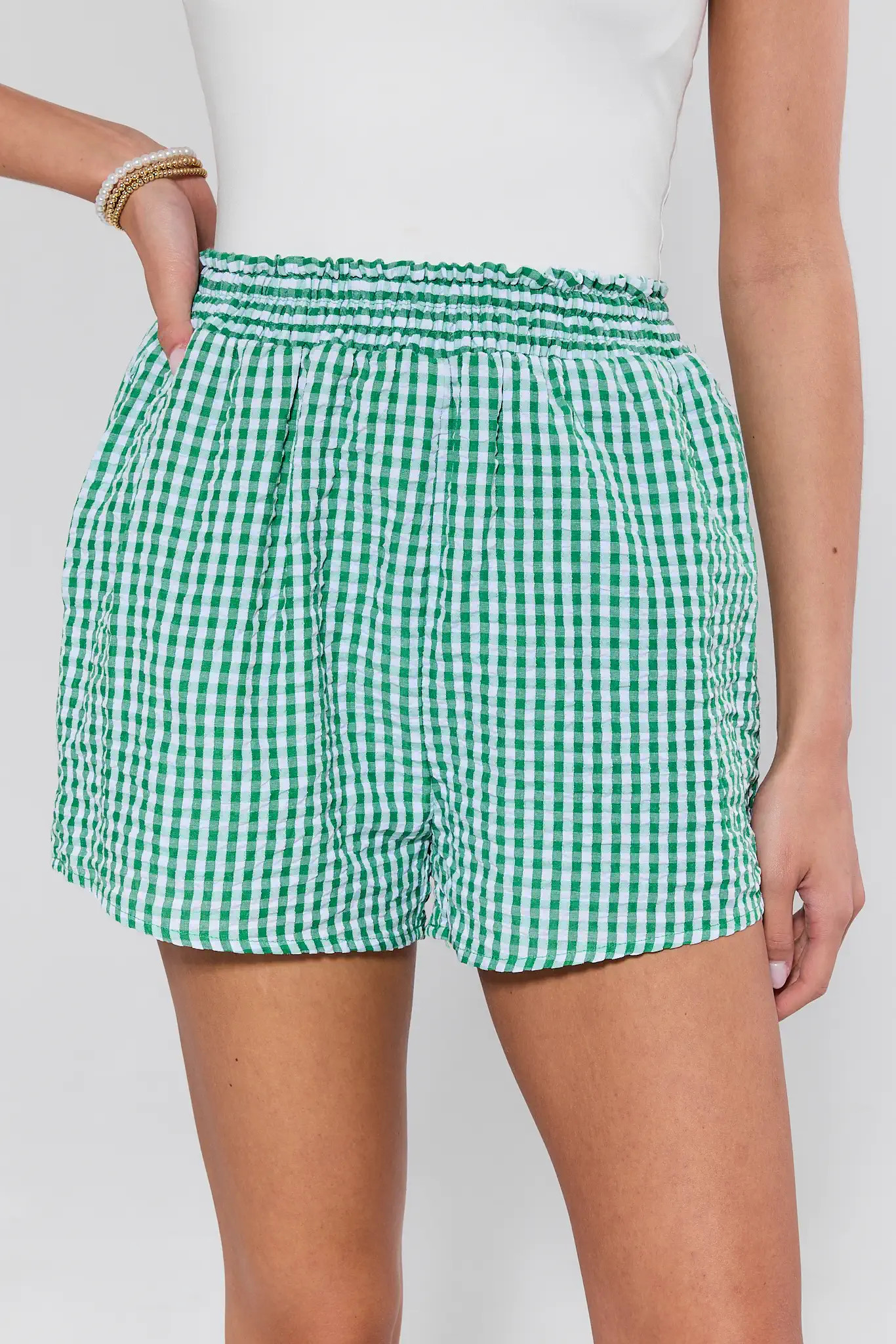 Green Gingham Elastic Waist Shorts | Avara