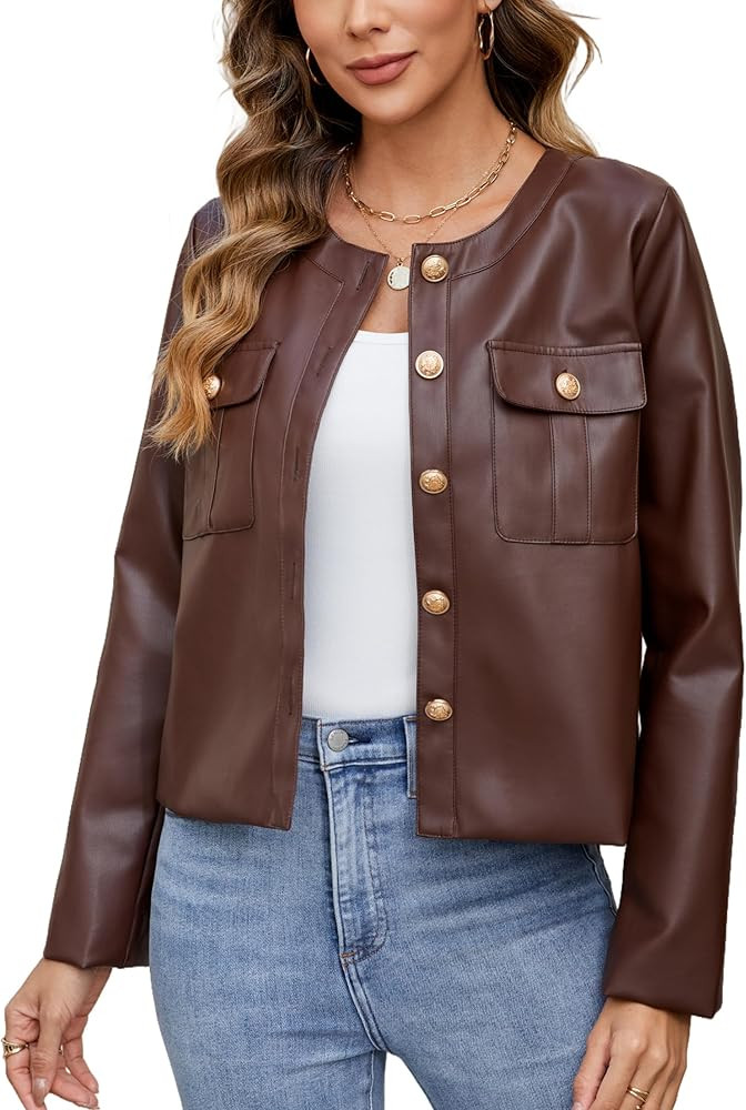 Ladyful Womens Crop Faux Leather Bomber Jacket Oversized Collarless Going Out Pu Moto Coat | Amazon (US)