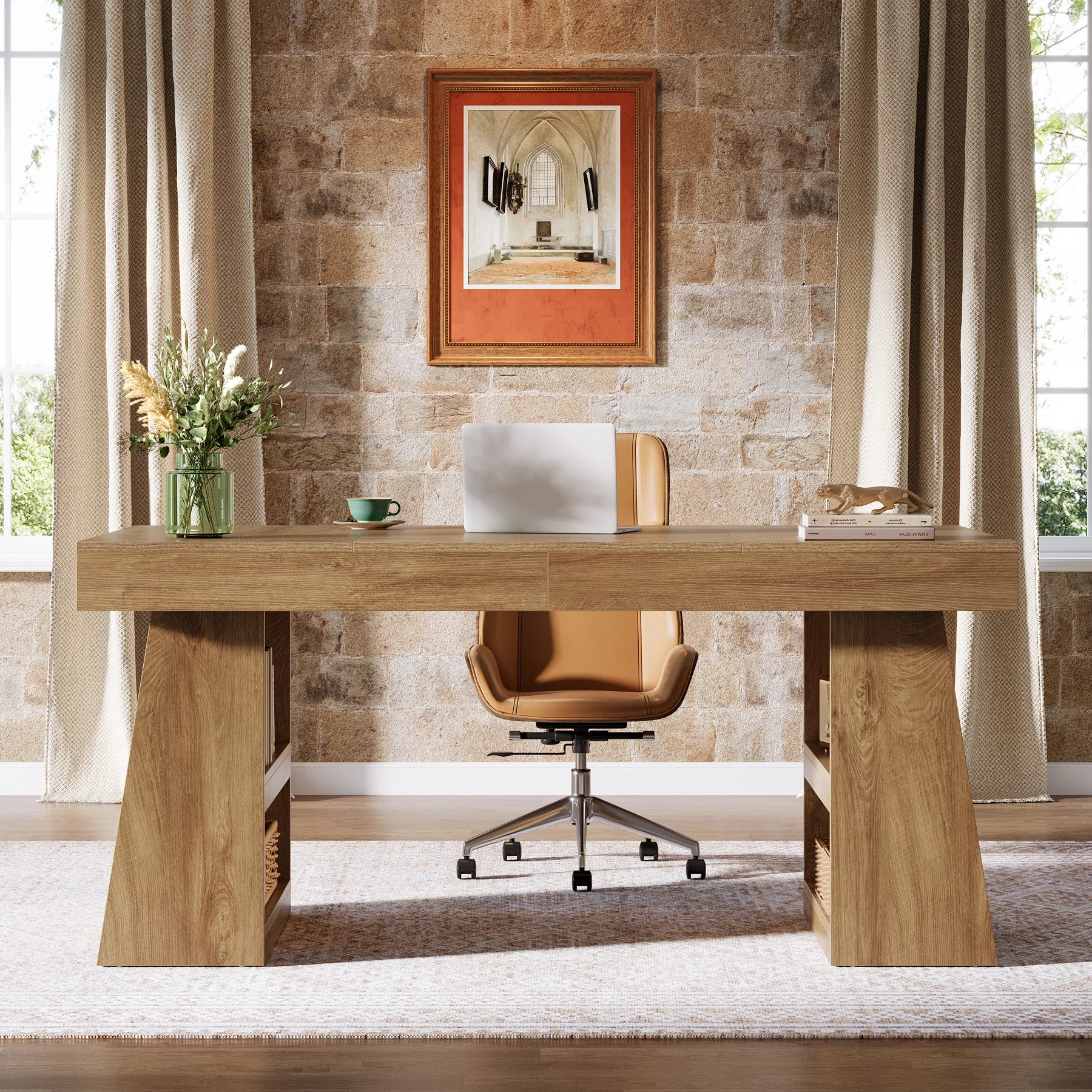 55" Executive Computer Desk With Storage Shelves & Drawer, Large Wooden Home Office Desk With Dou... | Wayfair North America