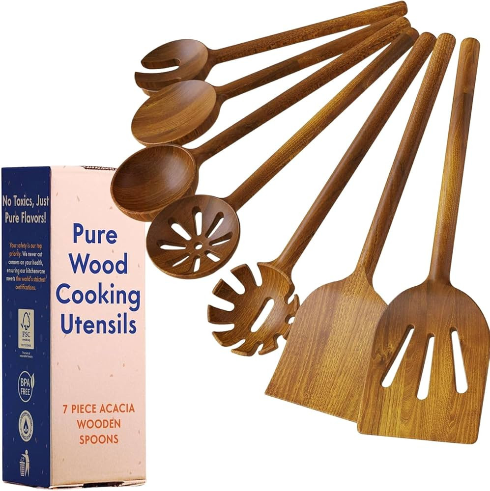 Non-Toxic Wooden Spoons for Cooking– 7-Piece Kitchen Utensils Set, Glue-Free & One-Piece Cookin... | Amazon (US)
