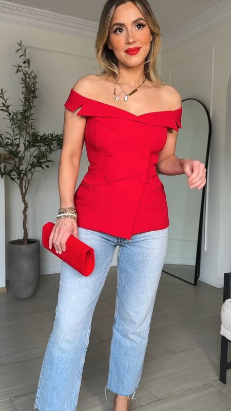 Day 1 Valentine's Day Outfit! ❤️ are you guys dressing up, keeping it casual or staying in? 

Red suit top - small 
Jeans are Zara sold out in this style. The Abercrombie ones I linked are IDENTICALLLL! I wear size 27R in the color LIGHT.  I cut them to ankle length. 

These clear heels are the most comfortable 3 inch heel ever! I've walked in them on the Vegas strip with absolutely no problem .... Thank me later 🤌🏼

#LTKfindsunder100 #LTKMostLoved #LTKU