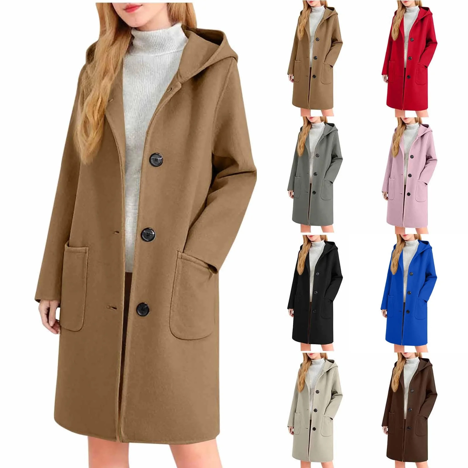 Women Wool-Blend Trench Coat Mid-length Single-Breasted Hooded Trendy Pea Coat Casual Warm Fall W... | Walmart (US)