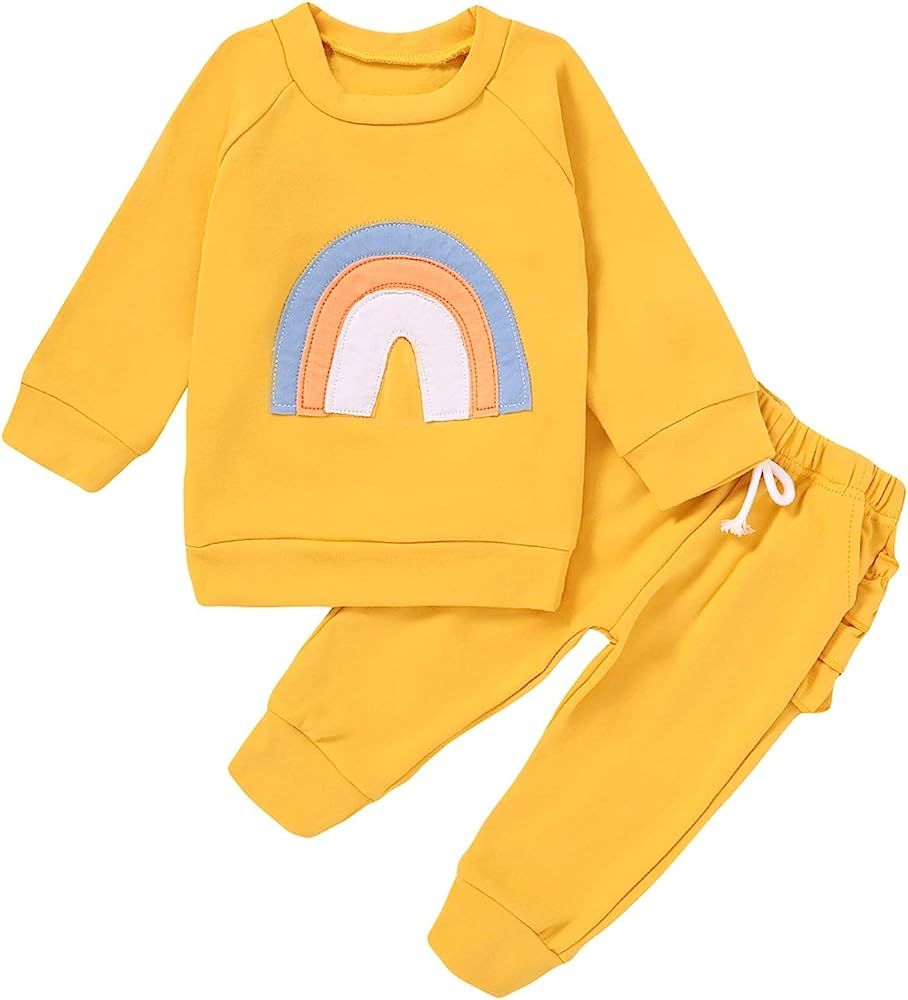 Infant Baby Girls Outfits Rainbow Print Sweatshirt Long Sleeve Pullover Shirt Tops Ruffle Pants F... | Amazon (US)