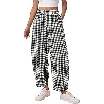 PRETTYGARDEN Plaid Barrel Pants Women Summer 2026 Casual Loose Wide Leg Lounge Gingham Trousers S... | Amazon (US)