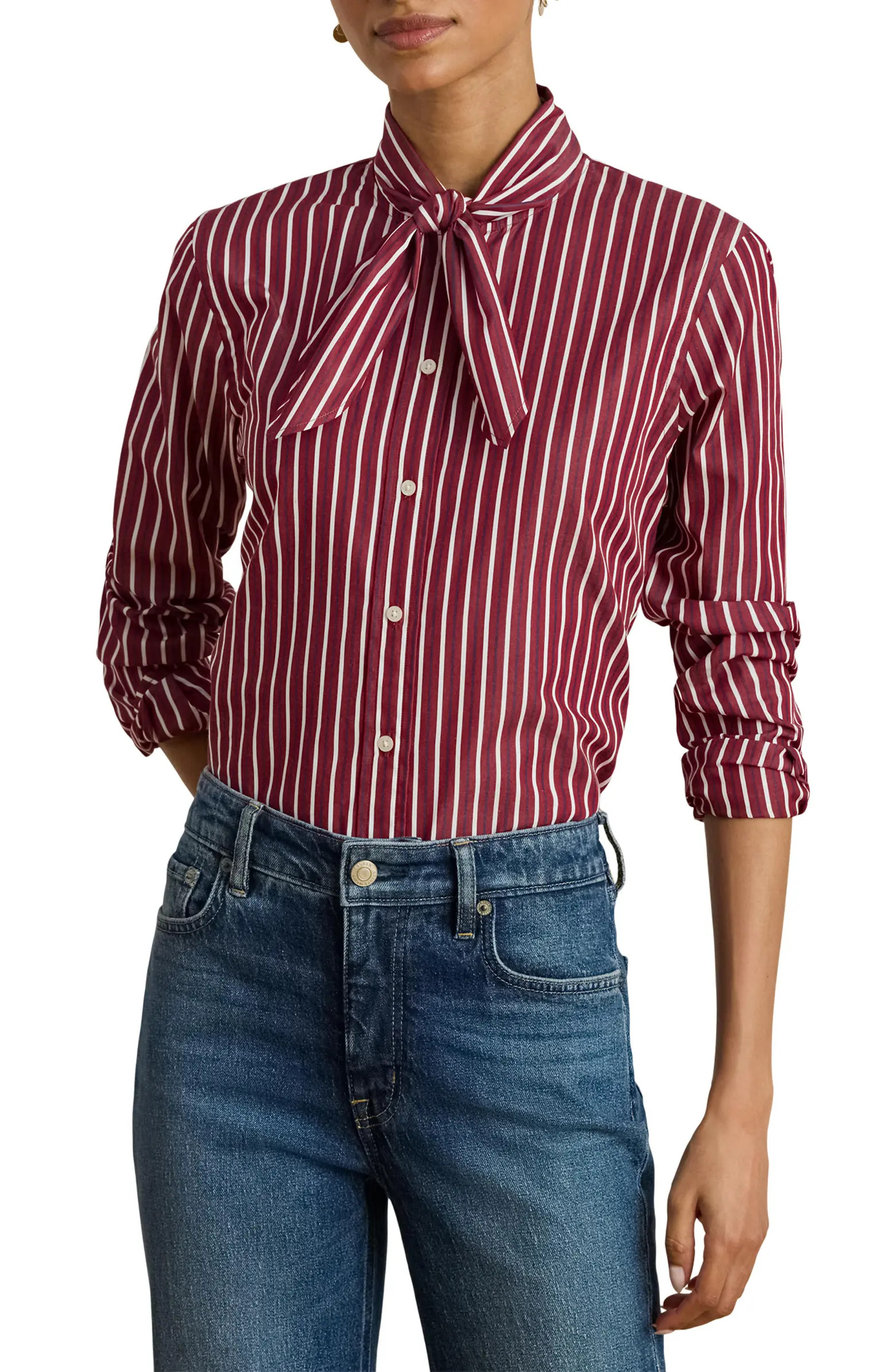 Stripe Cotton Tie Neck Button-Up Shirt | Nordstrom