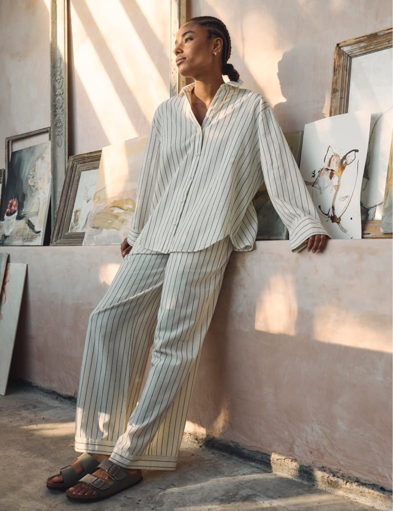 Cream Pinstripe Wide Leg Trousers | Nobody's Child