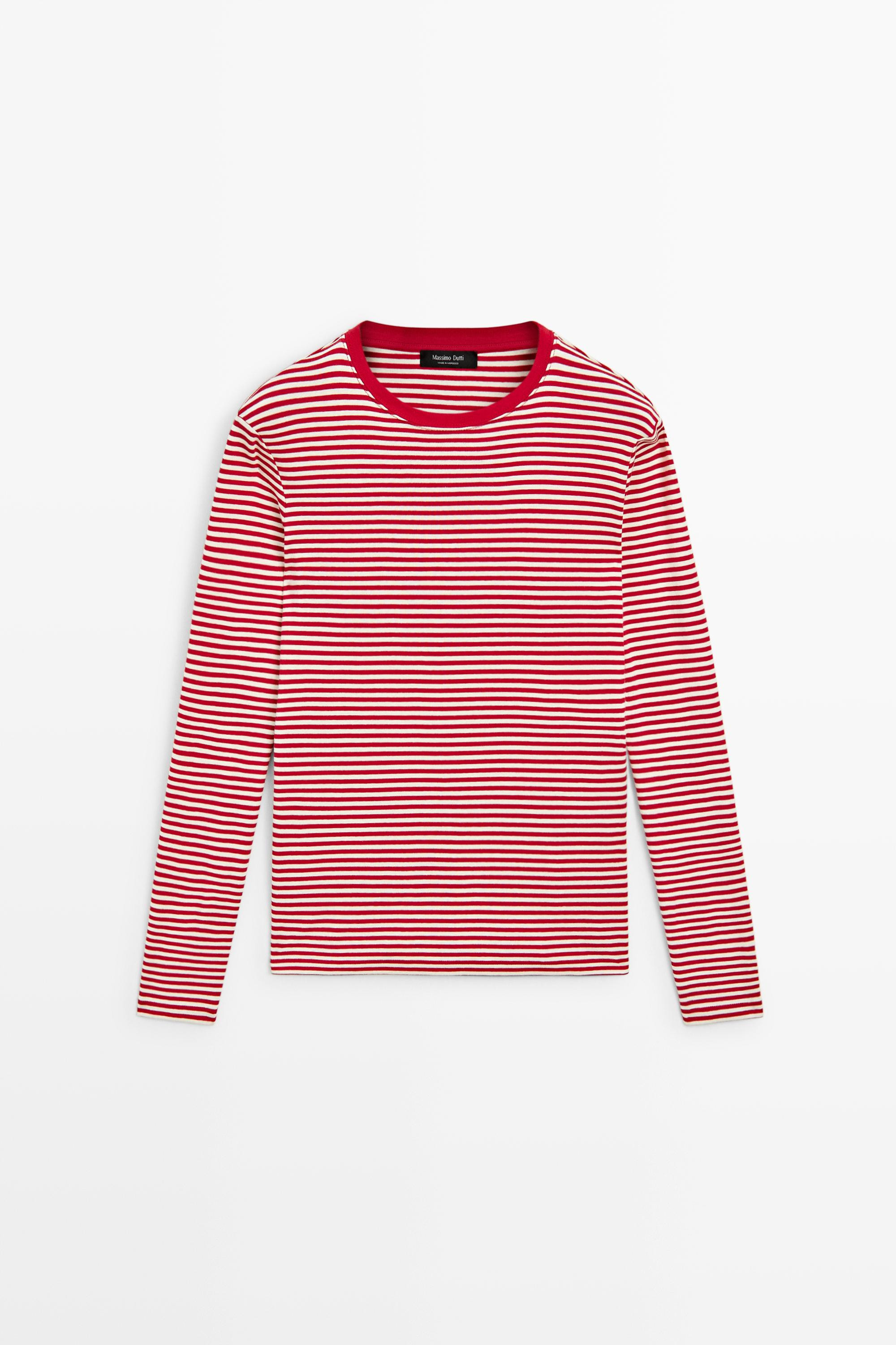 100% cotton long sleeve striped T-shirt - RED | Massimo Dutti US