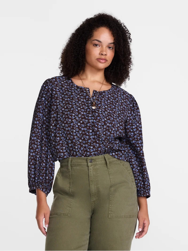 Scenario Women's and Women's Plus Blouse with 3/4-Length Puff Sleeves, Sizes XS-4X | Walmart (US)